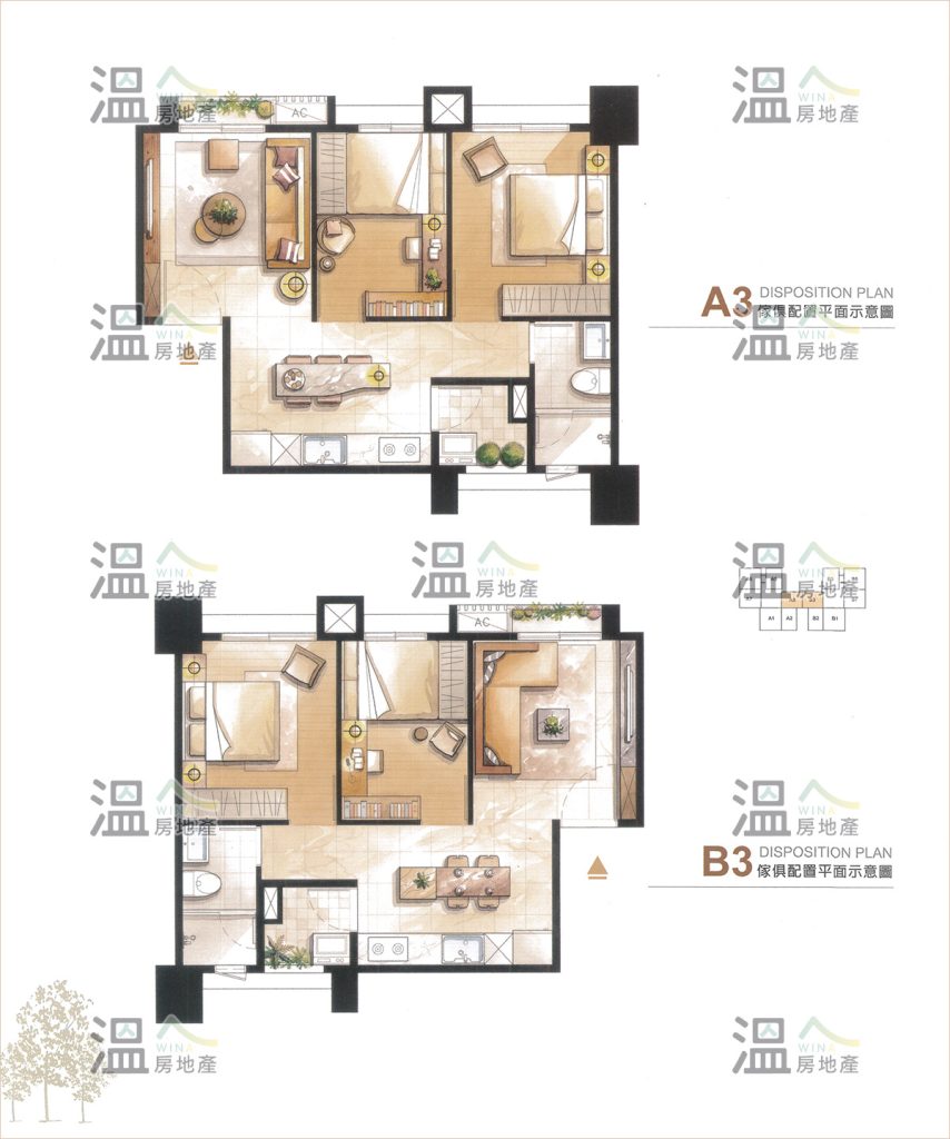 【鴻邑悅中山 A3,B3 傢俱平面示意圖】